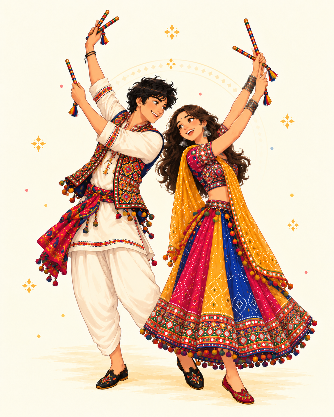 Dandiya dancers mid-twirl